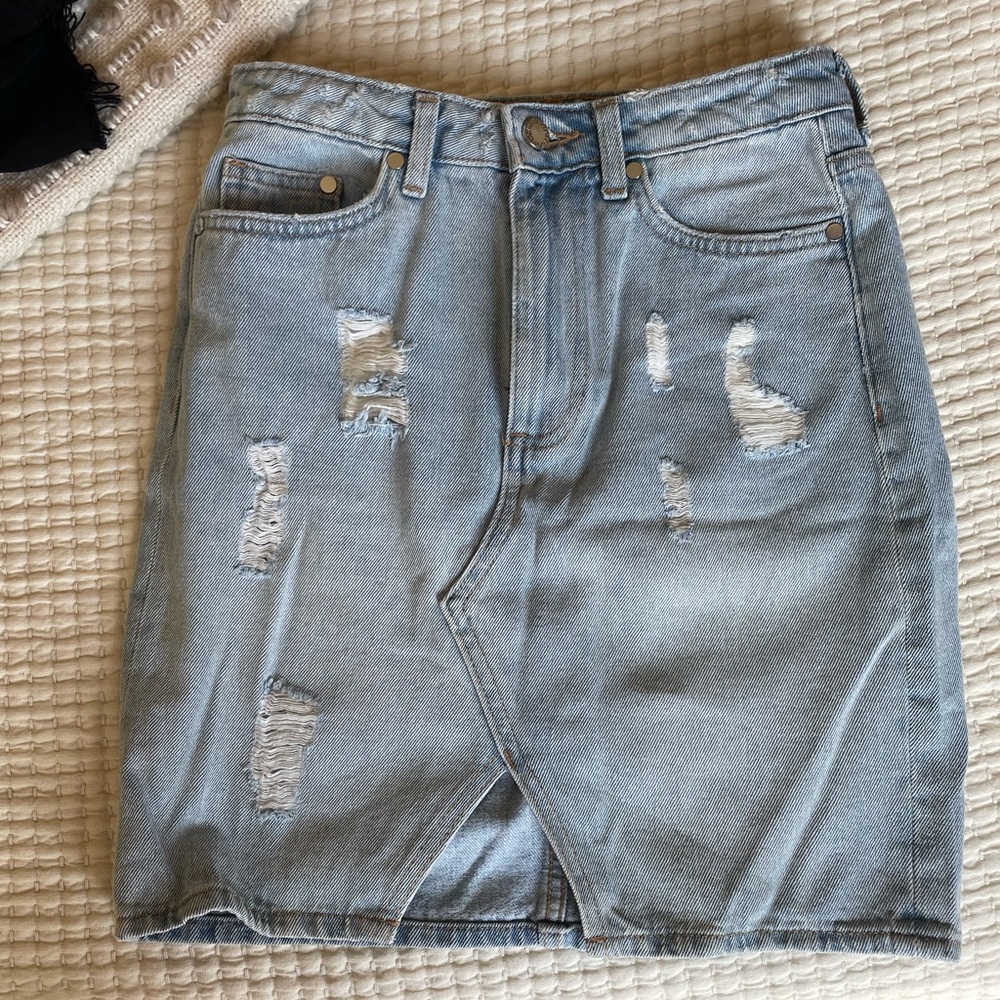 H&M Light Blue Distressed Denim Pencil Skirt